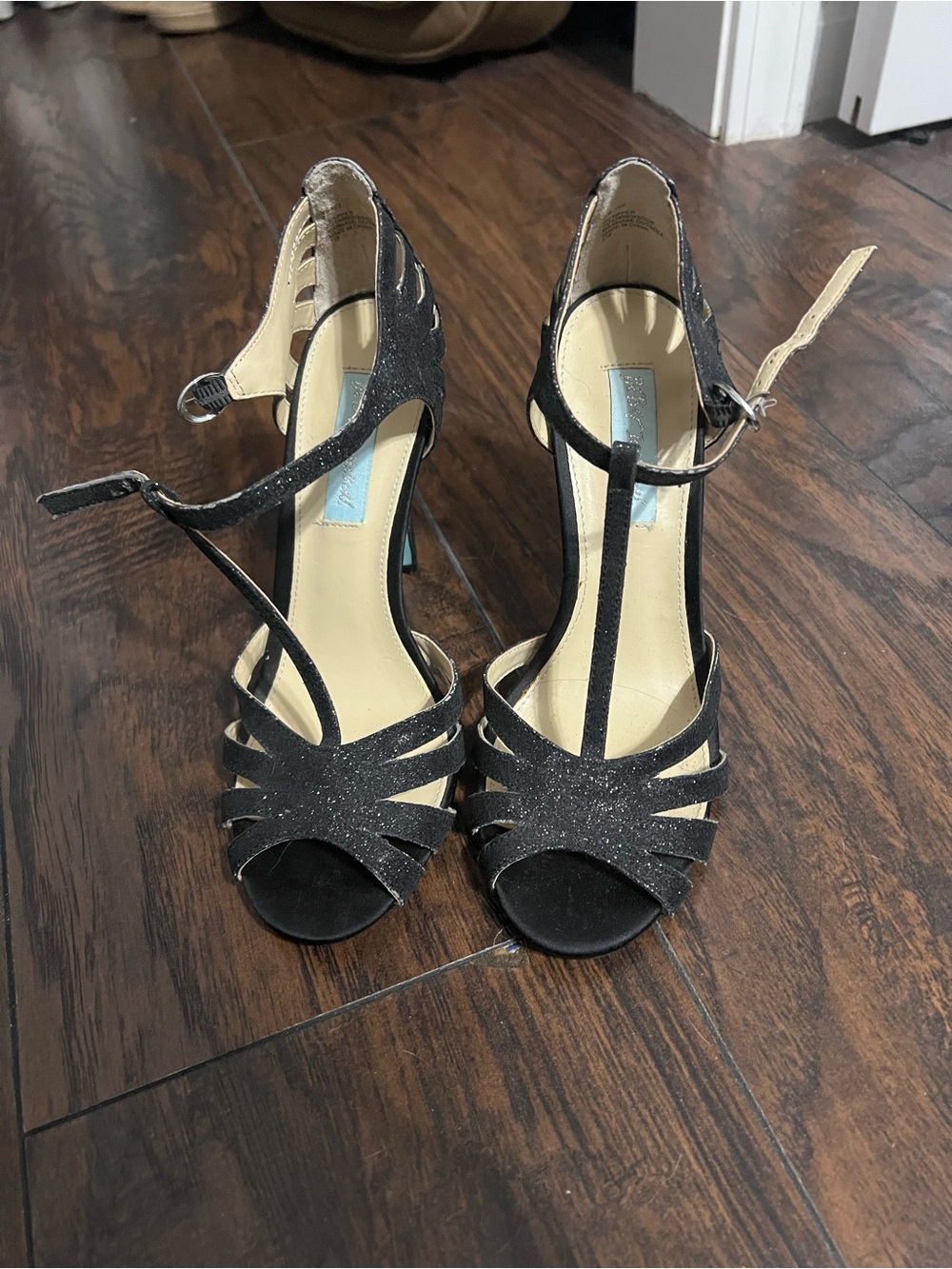 Betsey Johnson Black Glitter T-Strap Peep-Toe Heels